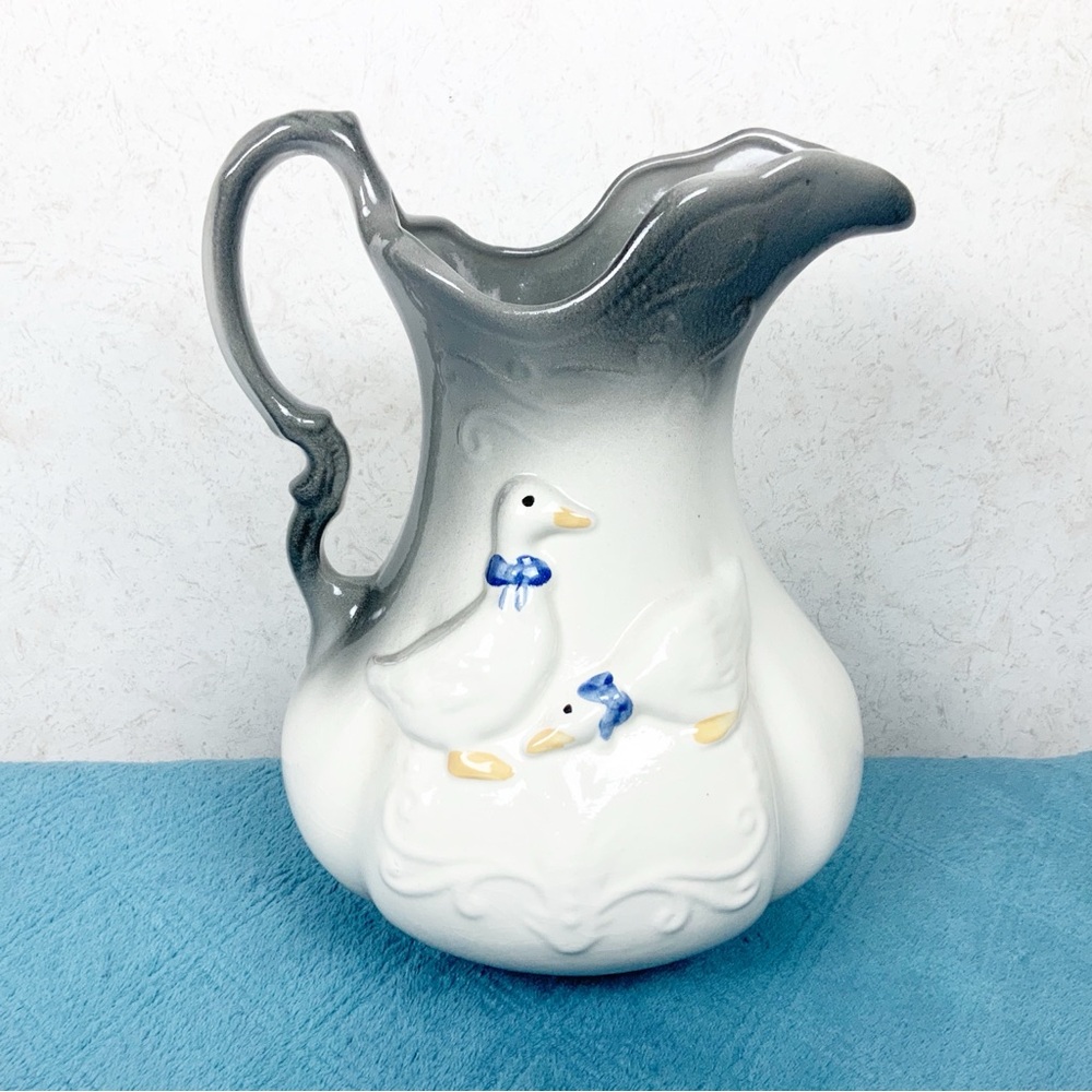 Antique Country Goose Large Ironstone Water Pitcher England Bows Farmhouse Ombré